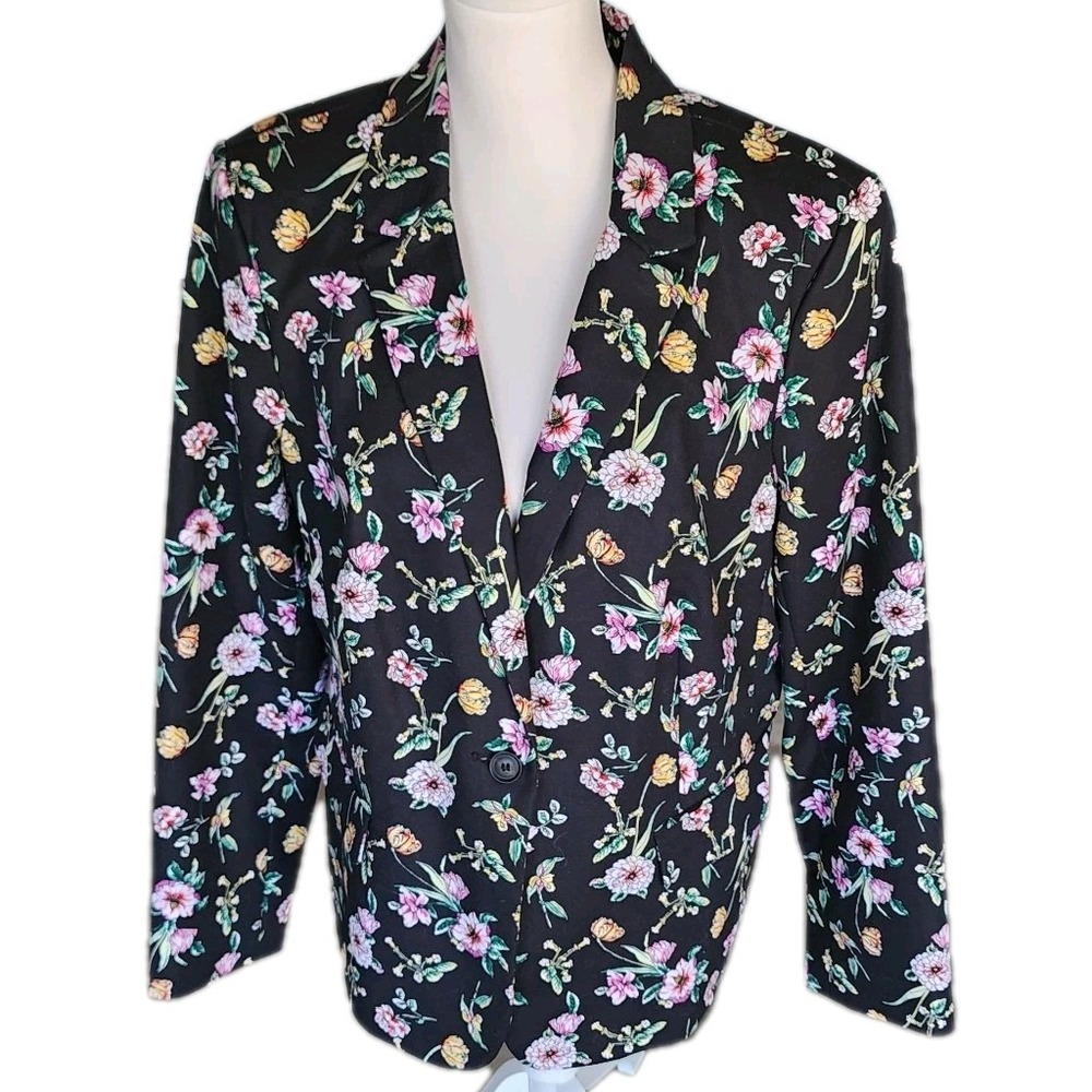 Liz Claiborne Jacket Blazer Womens XL Black Pink Yellow Floral Cotton Stretch
